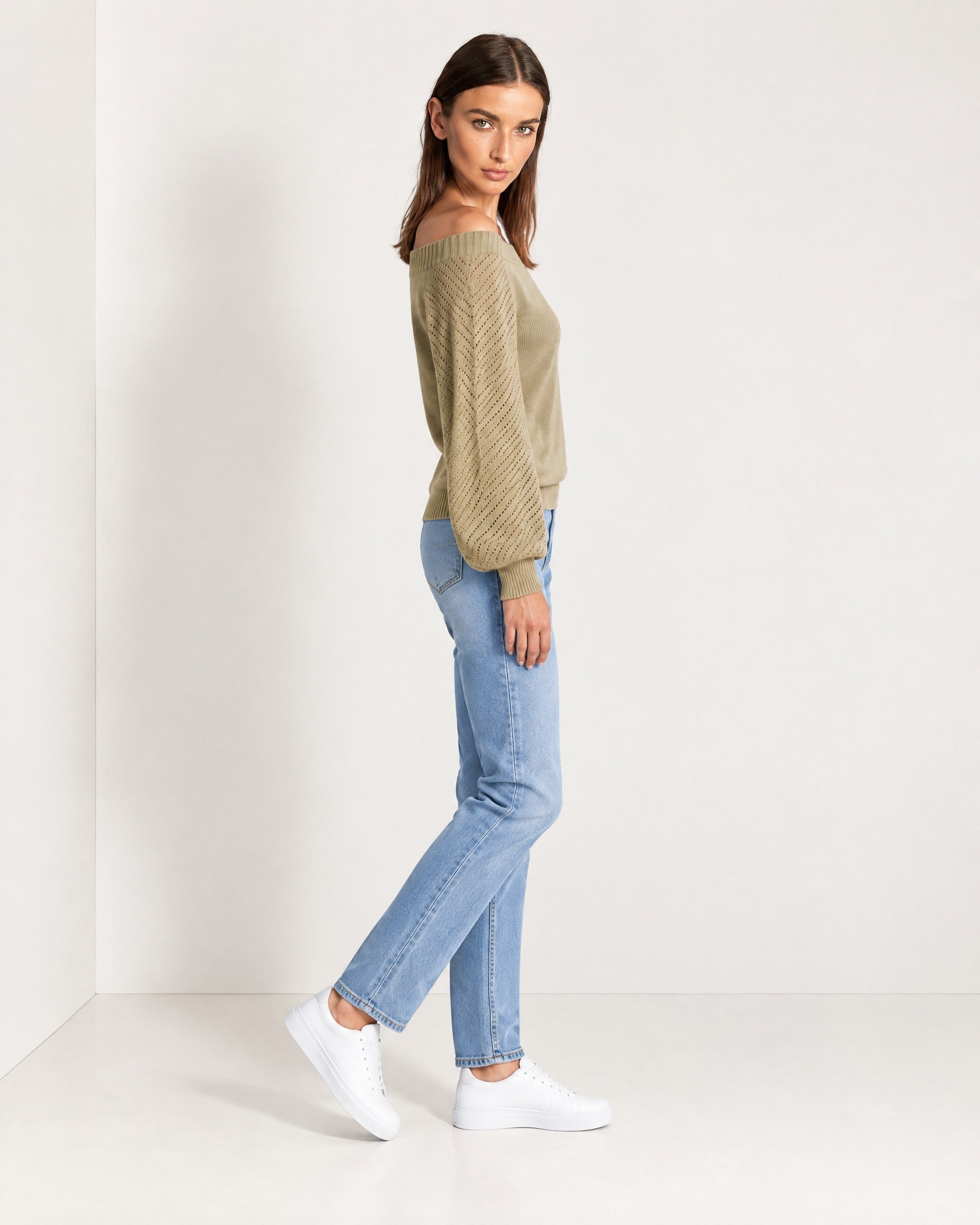 Khaki Boat Neck Jumper Off Shoulder Knit with Pointelle Balloon Sleeves