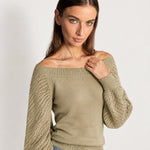 Khaki Boat Neck Jumper Off Shoulder Knit with Pointelle Balloon Sleeves