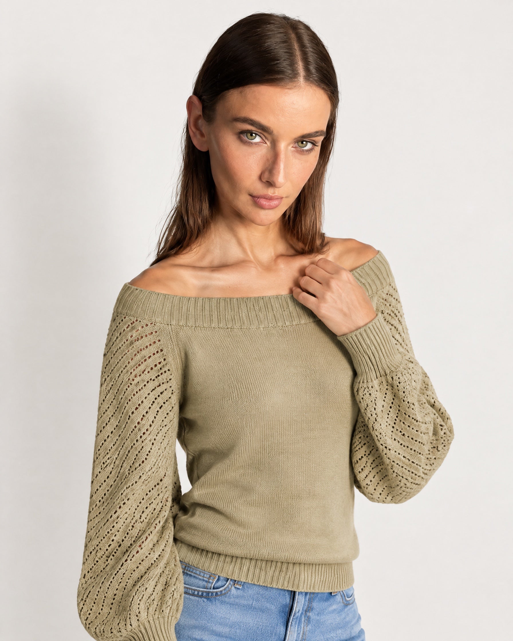 Khaki Boat Neck Jumper Off Shoulder Knit with Pointelle Balloon Sleeves