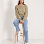 Khaki Boat Neck Jumper Off Shoulder Knit with Pointelle Balloon Sleeves