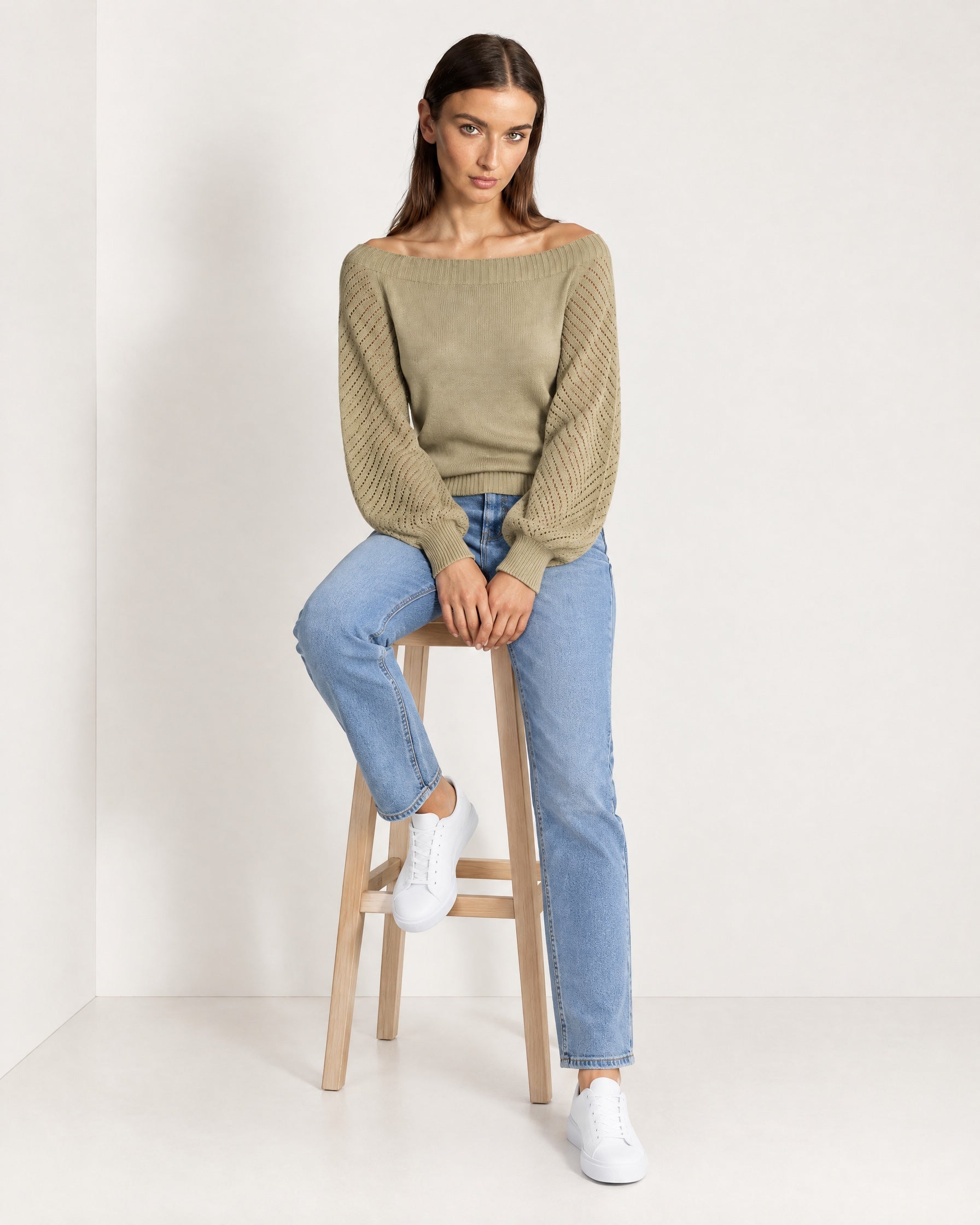 Khaki Boat Neck Jumper Off Shoulder Knit with Pointelle Balloon Sleeves