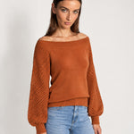Orange Boat Neck Jumper Off Shoulder Knit with Pointelle Balloon Sleeves