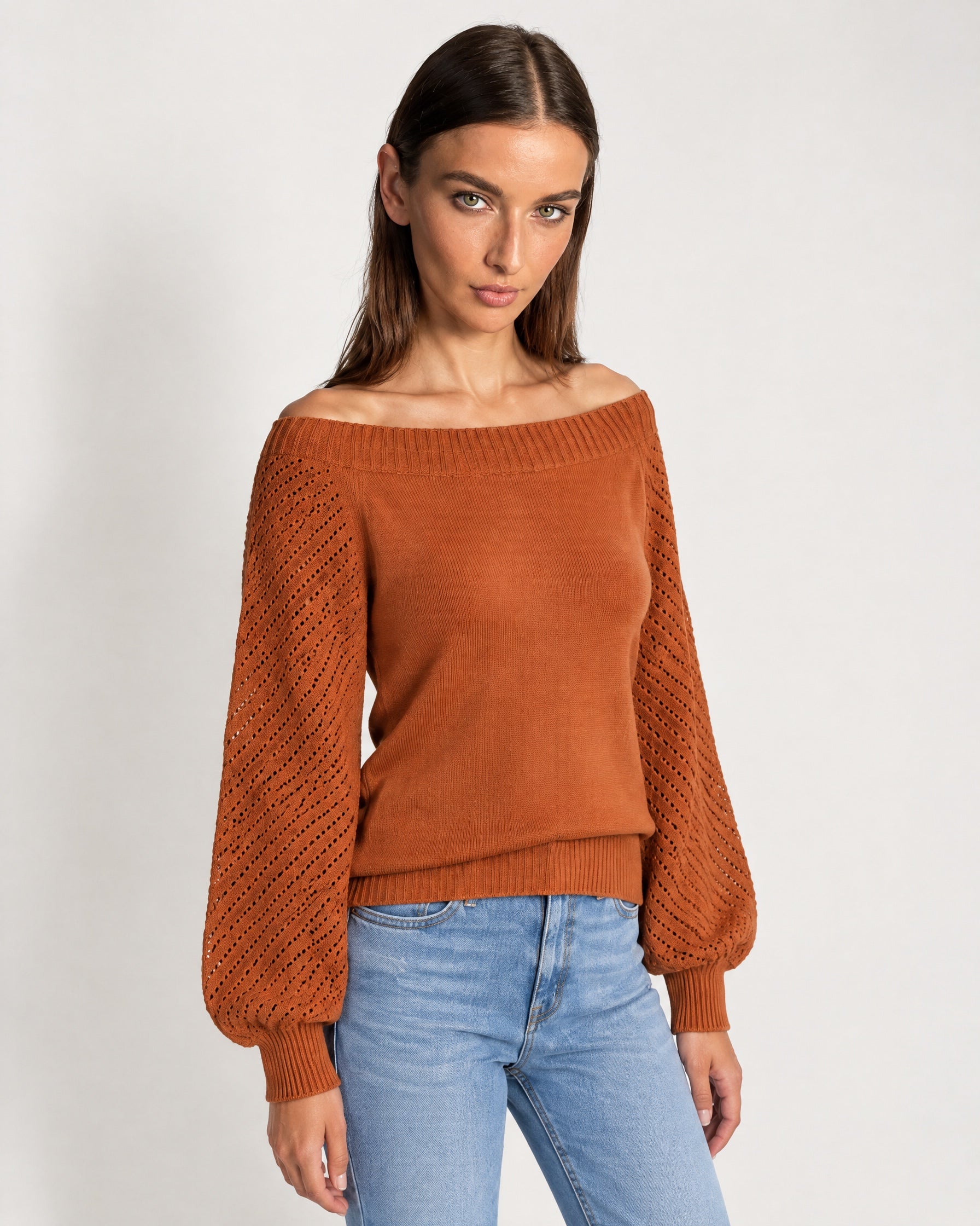 Orange Boat Neck Jumper Off Shoulder Knit with Pointelle Balloon Sleeves