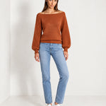 Orange Boat Neck Jumper Off Shoulder Knit with Pointelle Balloon Sleeves