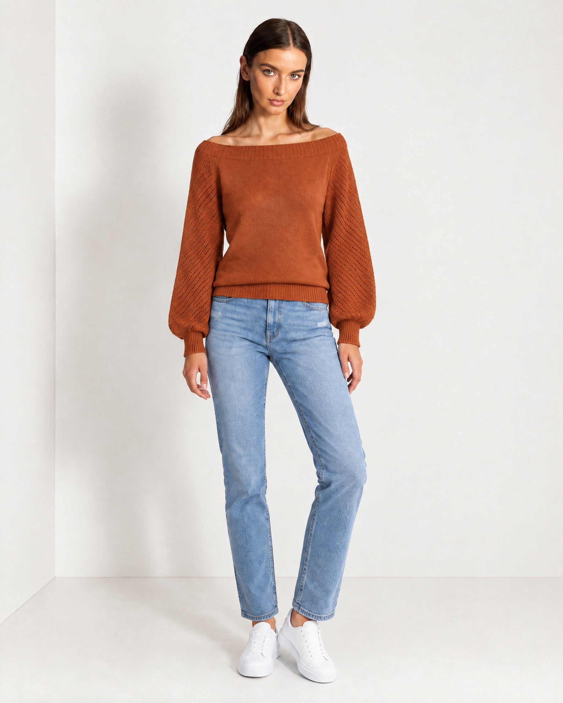 Orange Boat Neck Jumper Off Shoulder Knit with Pointelle Balloon Sleeves