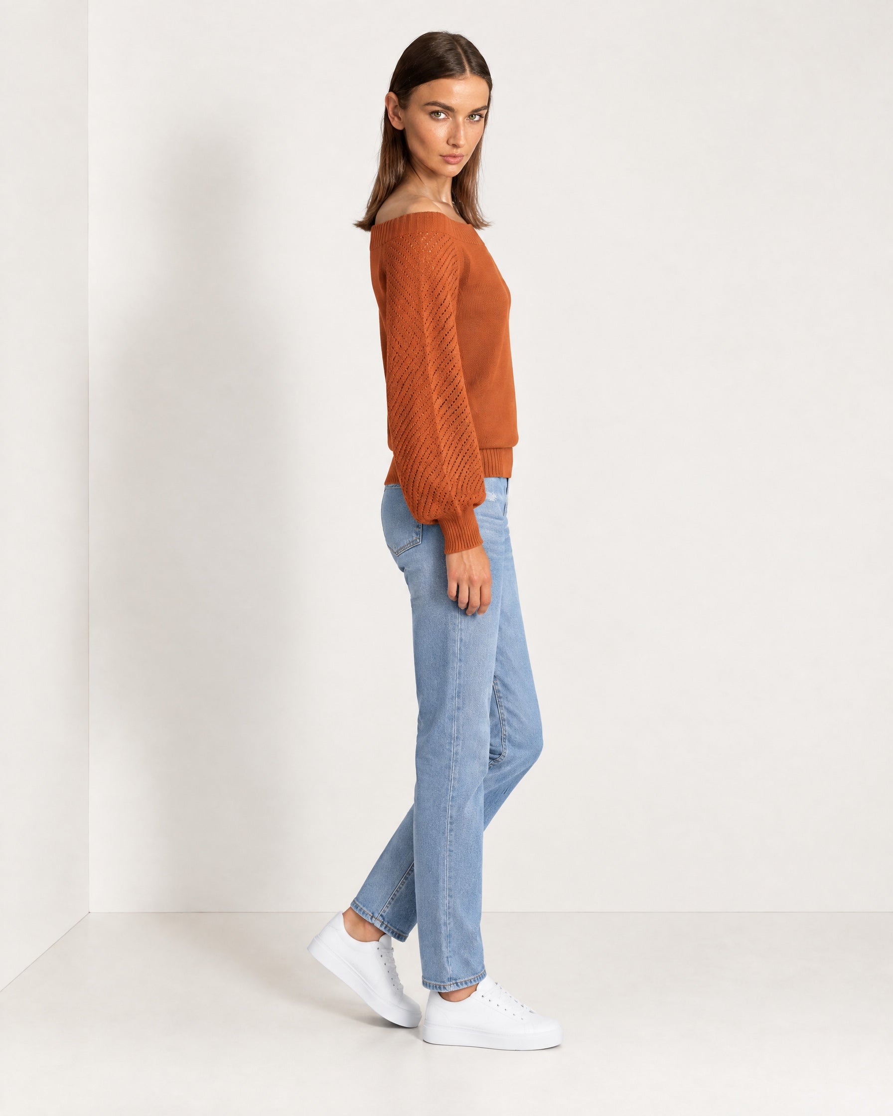 Orange Boat Neck Jumper Off Shoulder Knit with Pointelle Balloon Sleeves