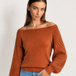 Orange Boat Neck Jumper Off Shoulder Knit with Pointelle Balloon Sleeves