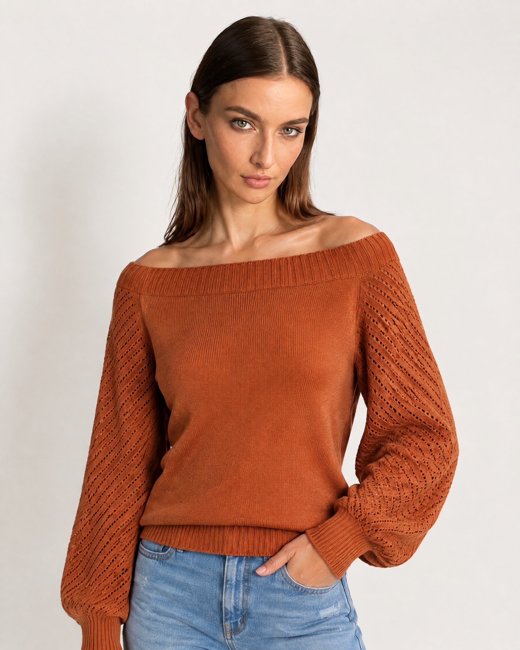 Orange Boat Neck Jumper Off Shoulder Knit with Pointelle Balloon Sleeves
