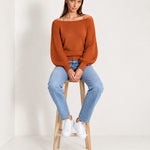 Orange Boat Neck Jumper Off Shoulder Knit with Pointelle Balloon Sleeves