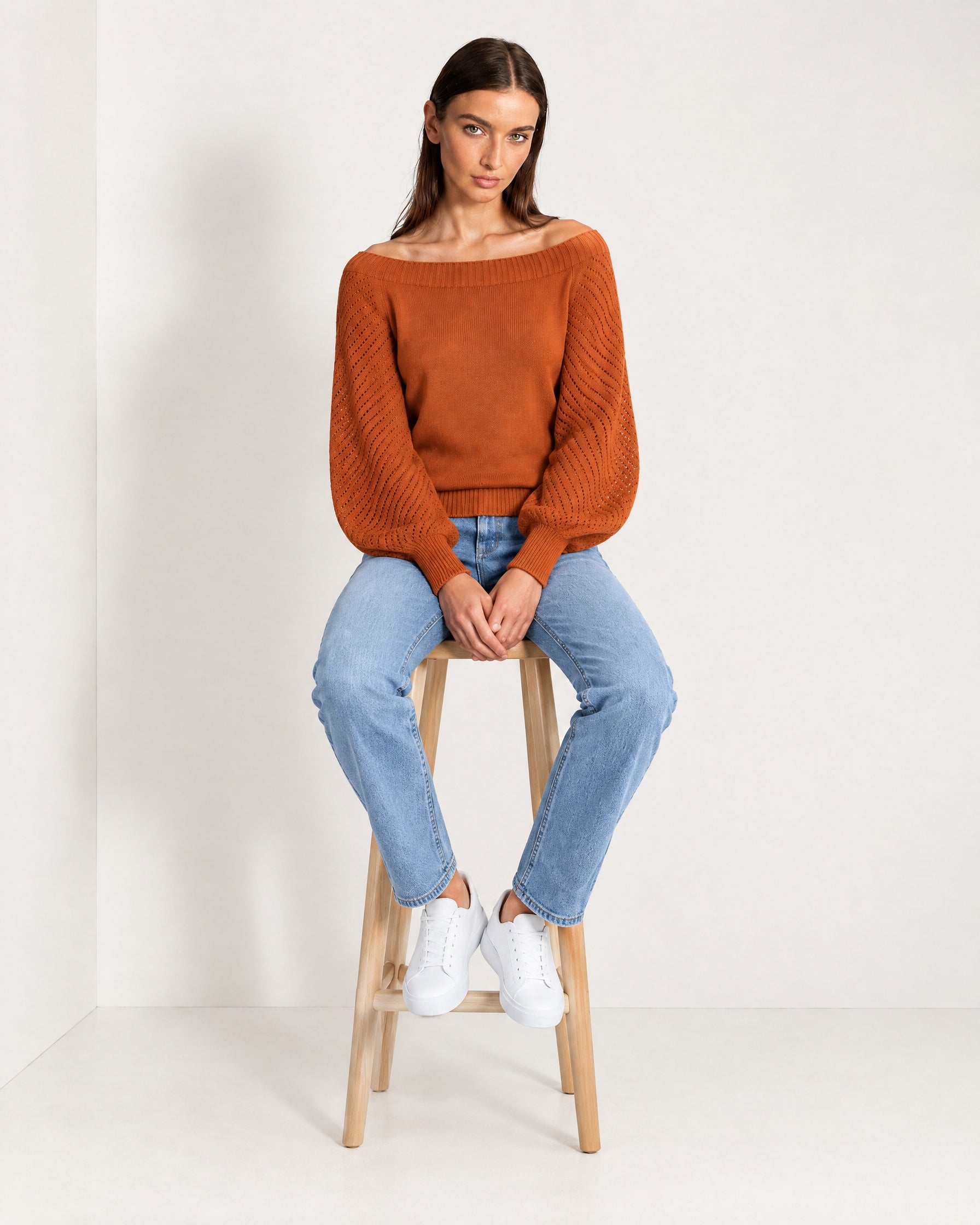 Orange Boat Neck Jumper Off Shoulder Knit with Pointelle Balloon Sleeves