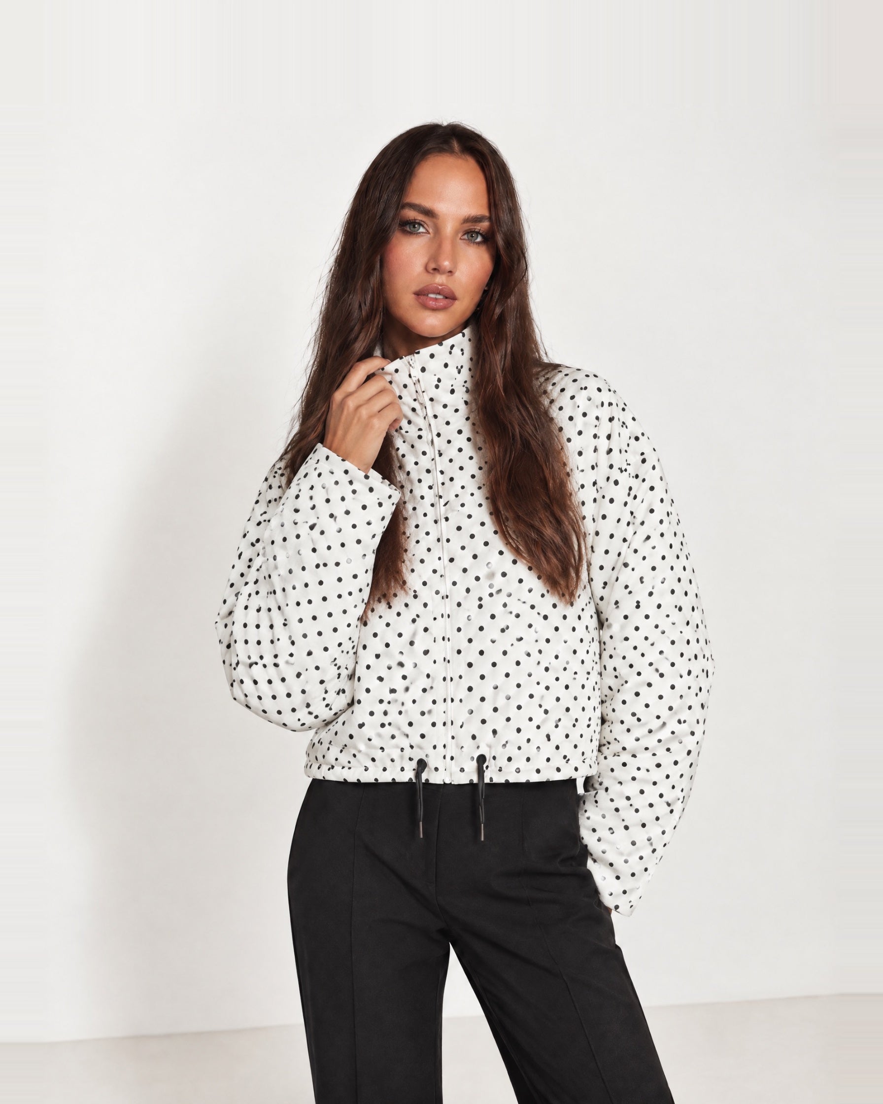 White Polka Dot Polka Dot Jacket Funnel Neck Bomber