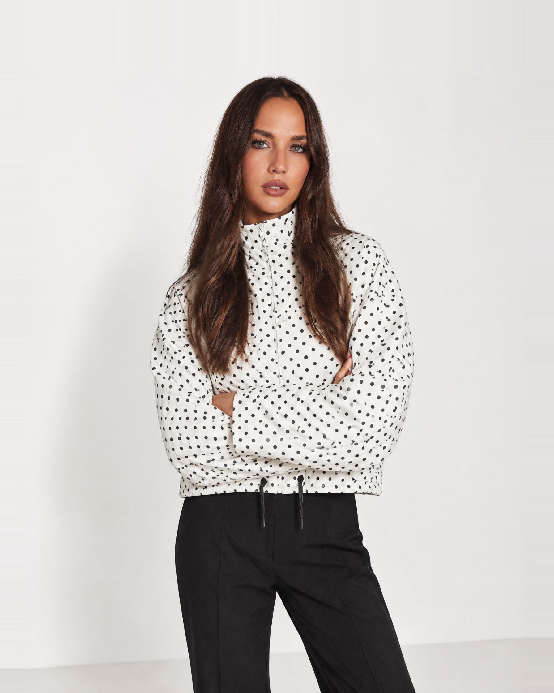 White Polka Dot Polka Dot Jacket Funnel Neck Bomber