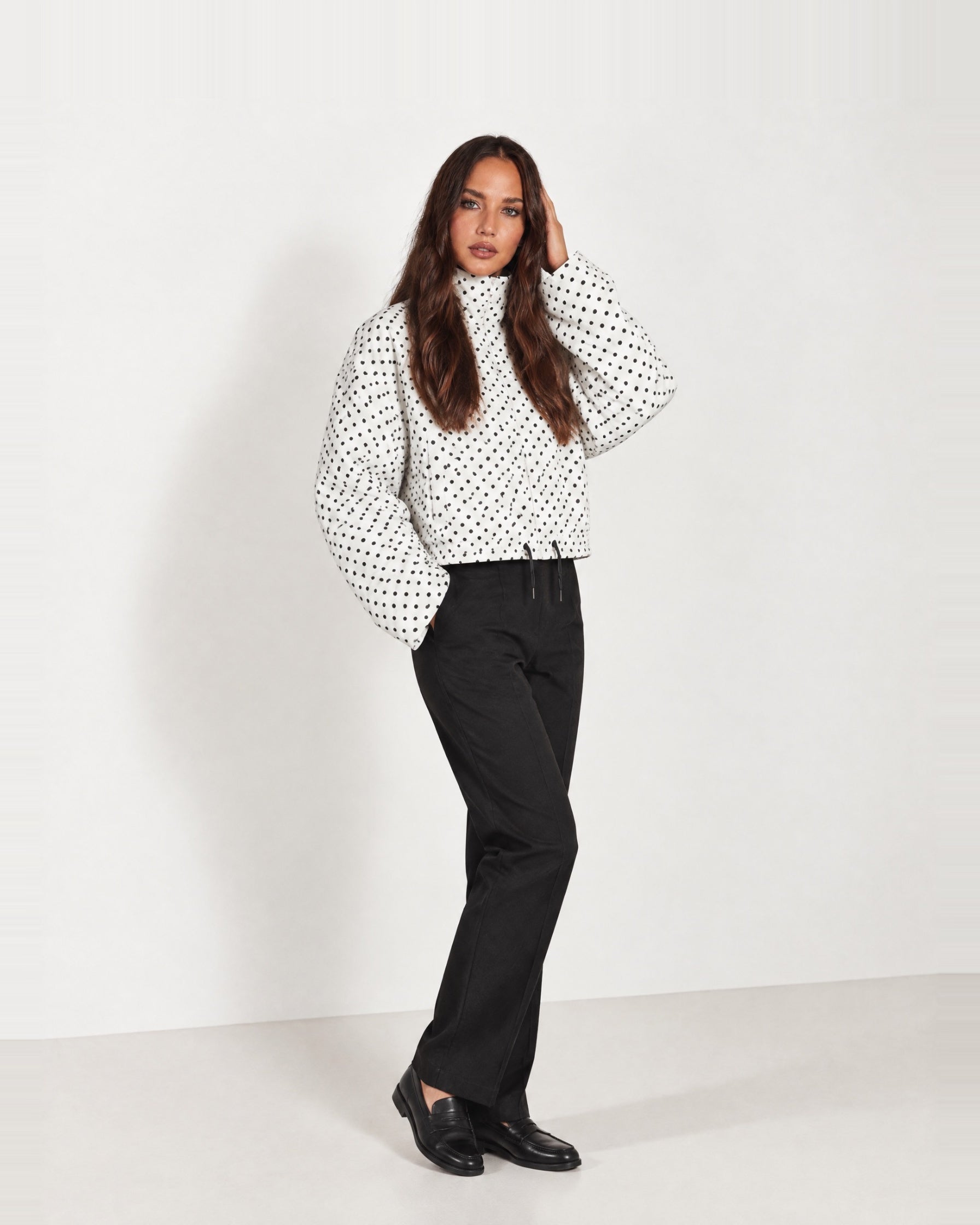 White Polka Dot Polka Dot Jacket Funnel Neck Bomber