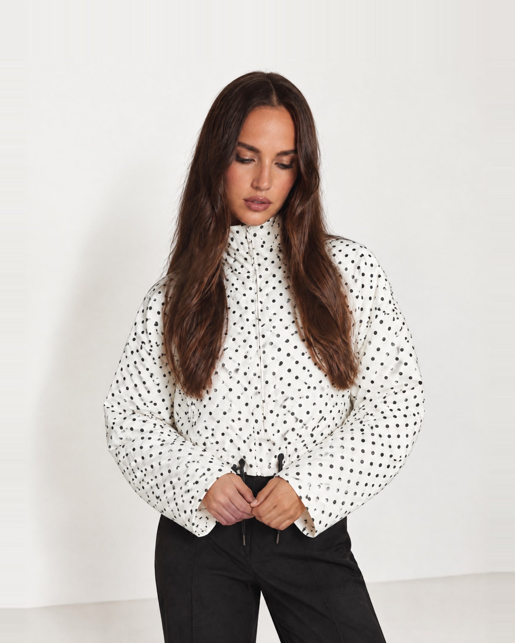 White Polka Dot Polka Dot Jacket Funnel Neck Bomber