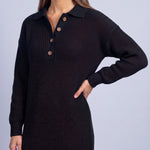 Jumper Dress Knitted Midi Dress with Polo Collar and Button Placket Long Sleeve - Black