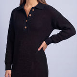 Jumper Dress Knitted Midi Dress with Polo Collar and Button Placket Long Sleeve - Black