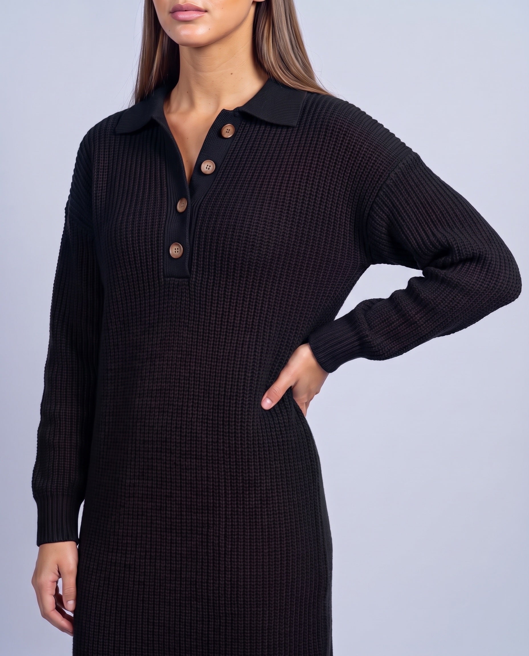 Jumper Dress Knitted Midi Dress with Polo Collar and Button Placket Long Sleeve - Black