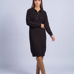 Jumper Dress Knitted Midi Dress with Polo Collar and Button Placket Long Sleeve - Black