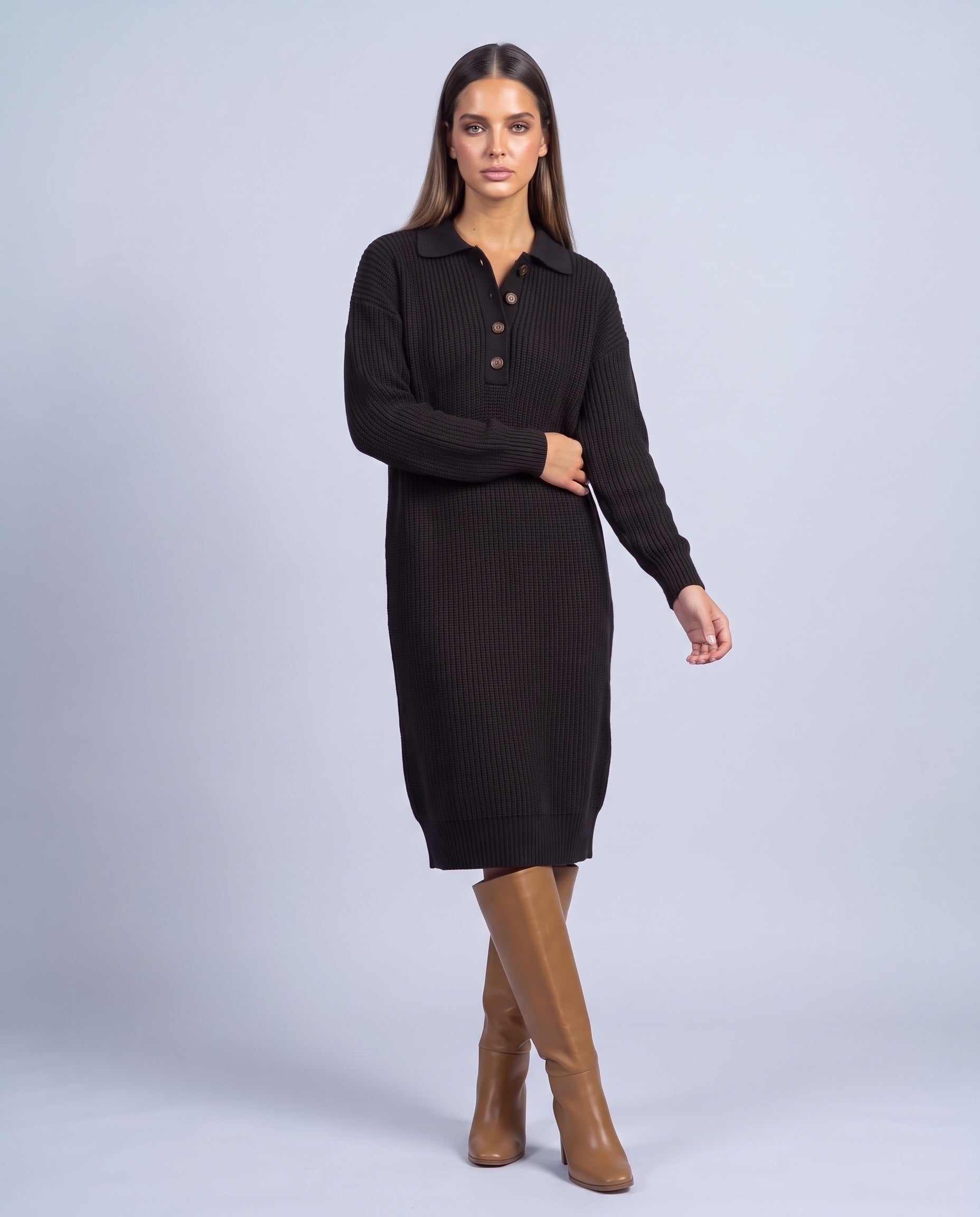 Jumper Dress Knitted Midi Dress with Polo Collar and Button Placket Long Sleeve - Black