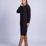 Jumper Dress Knitted Midi Dress with Polo Collar and Button Placket Long Sleeve - Black