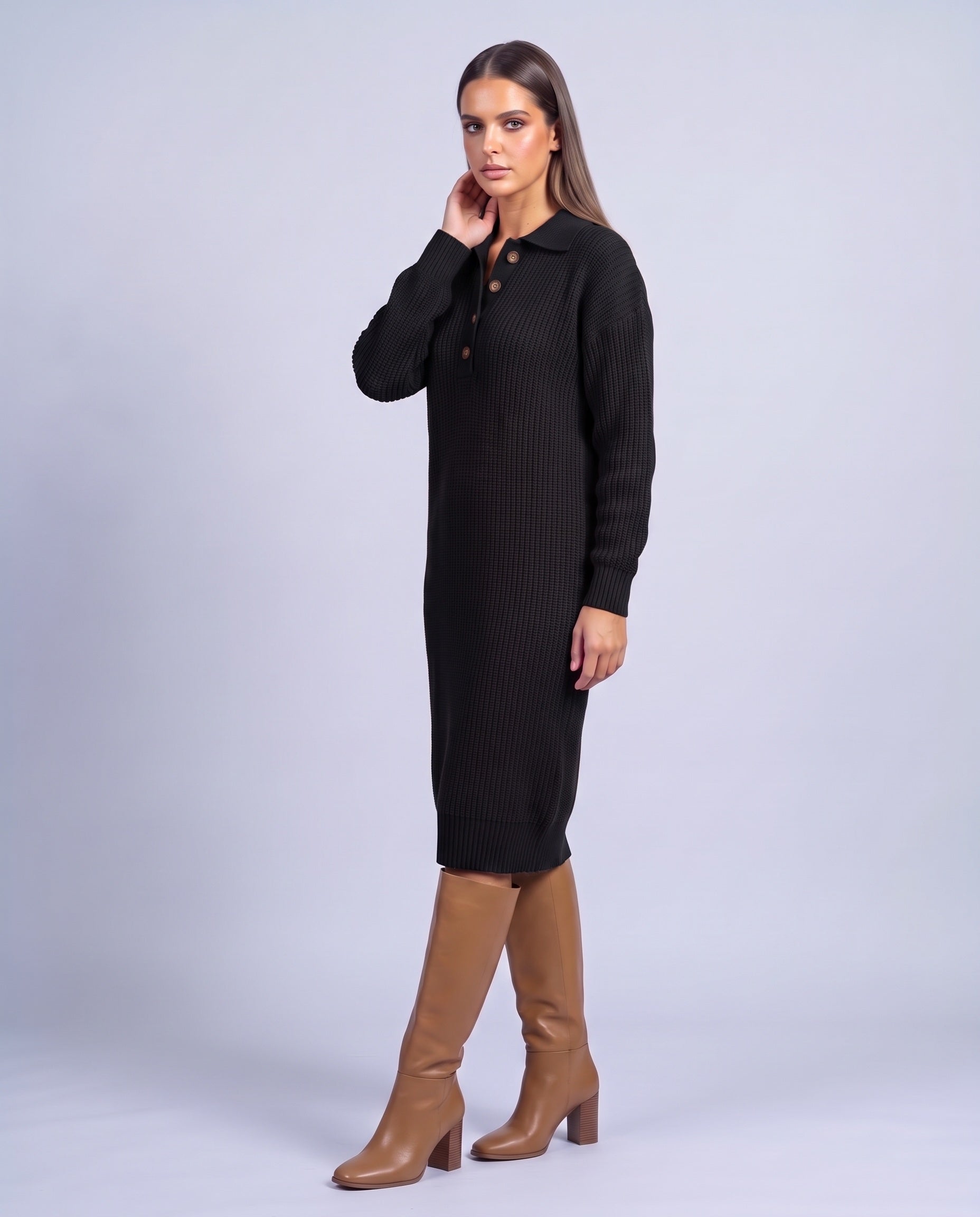 Jumper Dress Knitted Midi Dress with Polo Collar and Button Placket Long Sleeve - Black