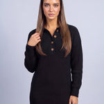 Jumper Dress Knitted Midi Dress with Polo Collar and Button Placket Long Sleeve - Black