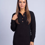 Jumper Dress Knitted Midi Dress with Polo Collar and Button Placket Long Sleeve - Black