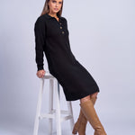 Jumper Dress Knitted Midi Dress with Polo Collar and Button Placket Long Sleeve - Black
