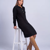 Jumper Dress Knitted Midi Dress with Polo Collar and Button Placket Long Sleeve - Black