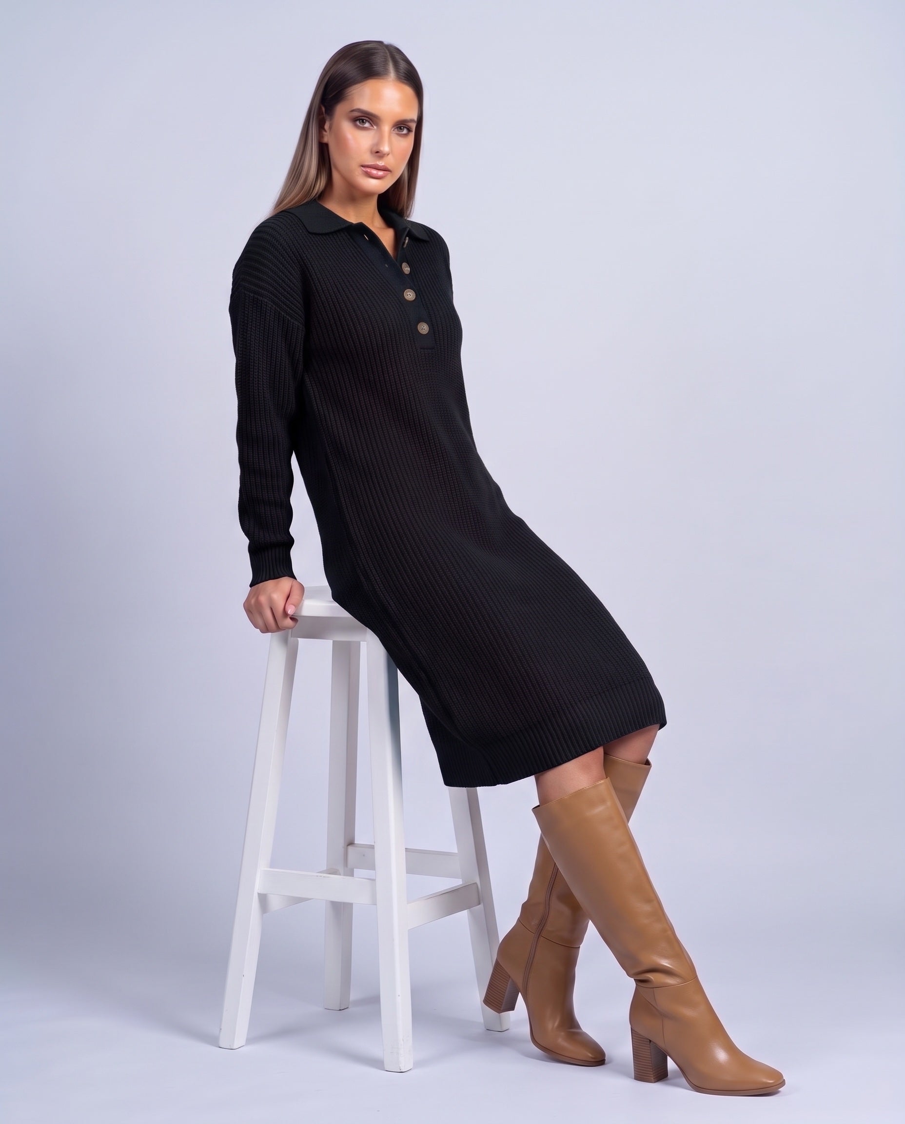 Jumper Dress Knitted Midi Dress with Polo Collar and Button Placket Long Sleeve - Black