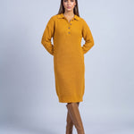 Jumper Dress Knitted Midi Dress with Polo Collar and Button Placket Long Sleeve - Earth Yellow
