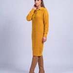 Jumper Dress Knitted Midi Dress with Polo Collar and Button Placket Long Sleeve - Earth Yellow