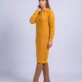 Jumper Dress Knitted Midi Dress with Polo Collar and Button Placket Long Sleeve - Earth Yellow