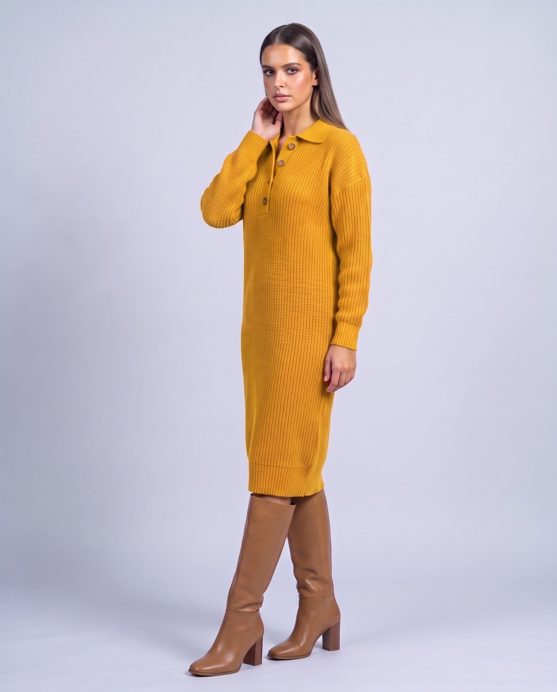 Jumper Dress Knitted Midi Dress with Polo Collar and Button Placket Long Sleeve - Earth Yellow