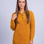 Jumper Dress Knitted Midi Dress with Polo Collar and Button Placket Long Sleeve - Earth Yellow