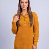 Jumper Dress Knitted Midi Dress with Polo Collar and Button Placket Long Sleeve - Earth Yellow