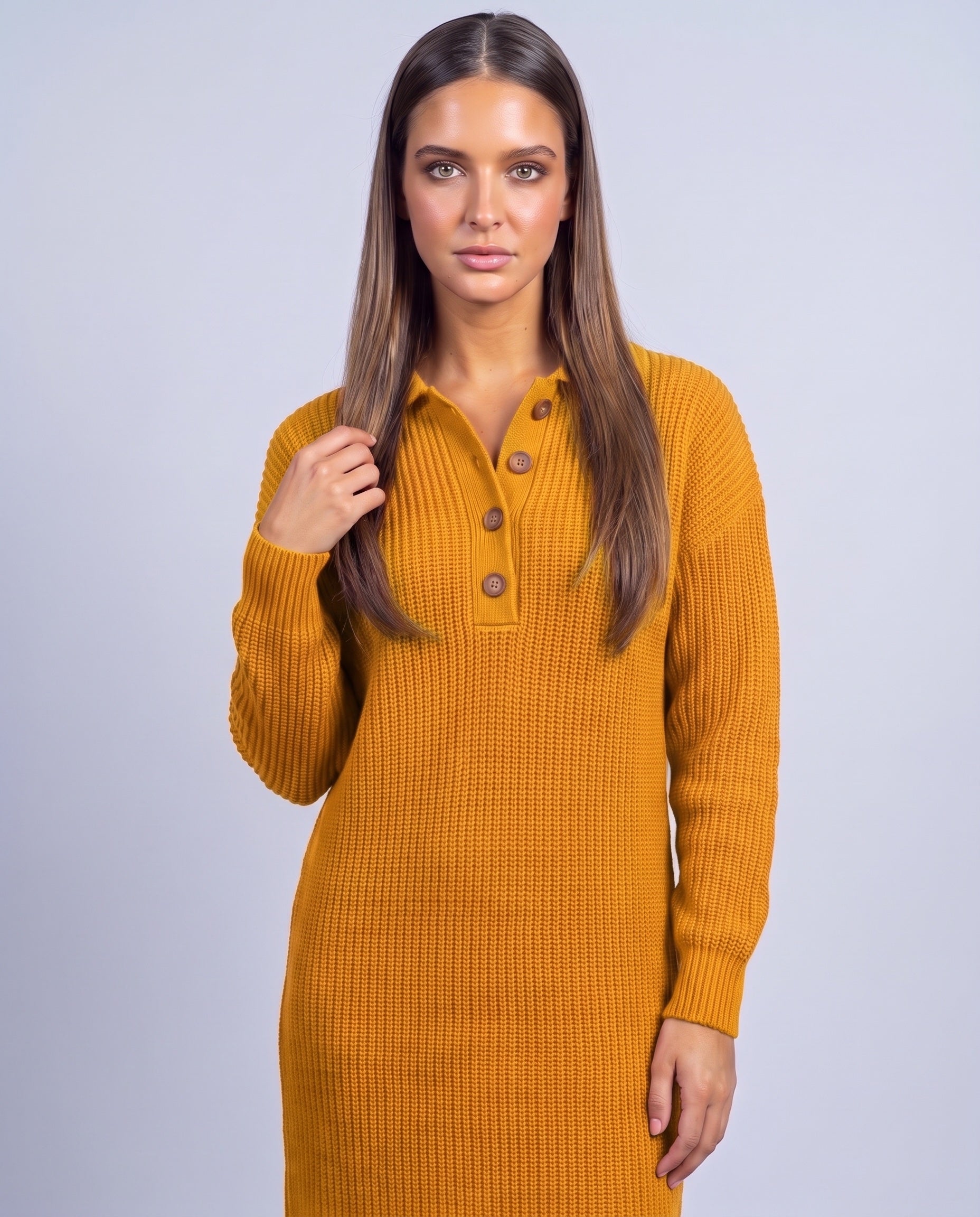 Jumper Dress Knitted Midi Dress with Polo Collar and Button Placket Long Sleeve - Earth Yellow