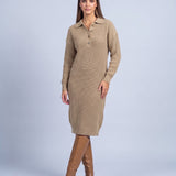 Jumper Dress Knitted Midi Dress with Polo Collar and Button Placket Long Sleeve - Khaki