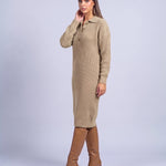 Jumper Dress Knitted Midi Dress with Polo Collar and Button Placket Long Sleeve - Khaki