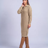 Jumper Dress Knitted Midi Dress with Polo Collar and Button Placket Long Sleeve - Khaki