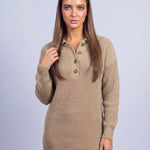 Jumper Dress Knitted Midi Dress with Polo Collar and Button Placket Long Sleeve - Khaki