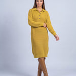 Jumper Dress Knitted Midi Dress with Polo Collar and Button Placket Long Sleeve - Lemon Yellow