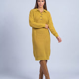 Jumper Dress Knitted Midi Dress with Polo Collar and Button Placket Long Sleeve - Lemon Yellow
