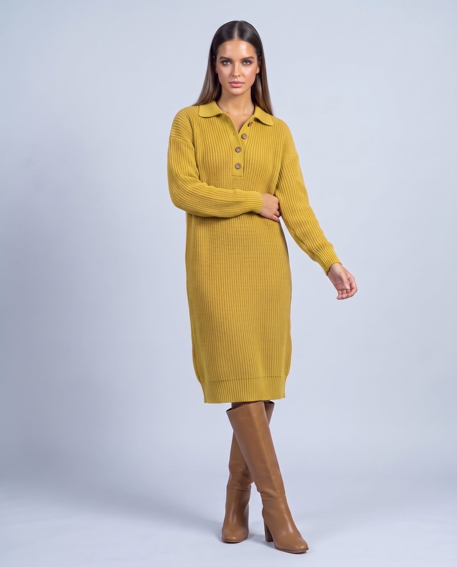 Jumper Dress Knitted Midi Dress with Polo Collar and Button Placket Long Sleeve - Lemon Yellow