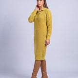 Jumper Dress Knitted Midi Dress with Polo Collar and Button Placket Long Sleeve - Lemon Yellow