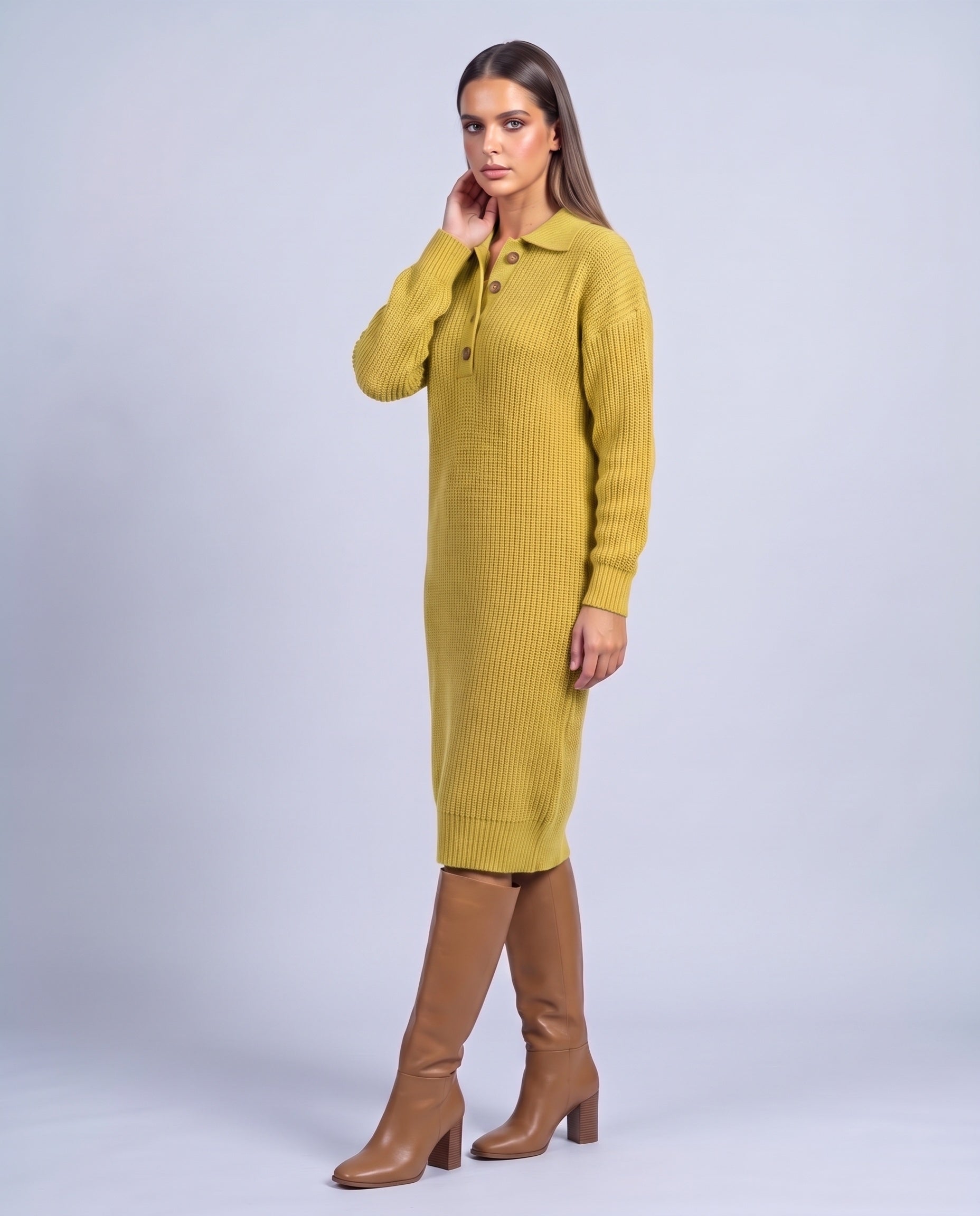 Jumper Dress Knitted Midi Dress with Polo Collar and Button Placket Long Sleeve - Lemon Yellow