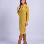 Jumper Dress Knitted Midi Dress with Polo Collar and Button Placket Long Sleeve - Lemon Yellow