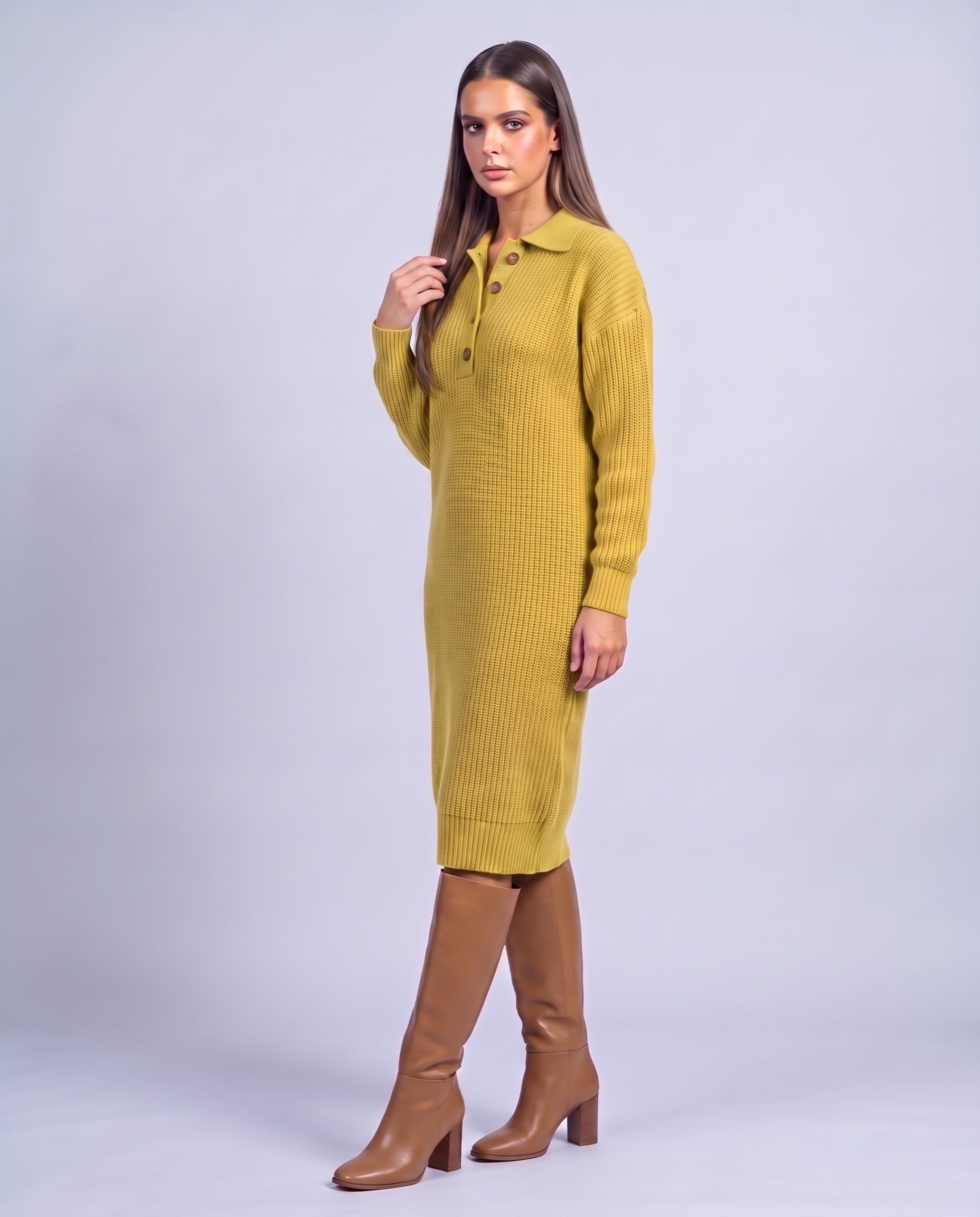 Jumper Dress Knitted Midi Dress with Polo Collar and Button Placket Long Sleeve - Lemon Yellow