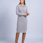Jumper Dress Knitted Midi Dress with Polo Collar and Button Placket Long Sleeve - Light Gray