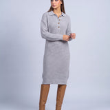 Jumper Dress Knitted Midi Dress with Polo Collar and Button Placket Long Sleeve - Light Gray